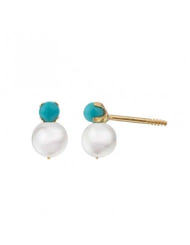 PENDIENTES ORO PERLA CON TURQUESA  2 postura