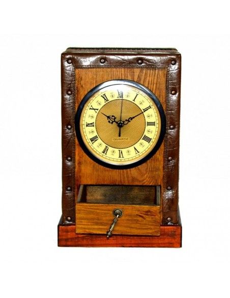 RELOJ DE SOBREMESA DE CUARZO MADERA Y CUERO