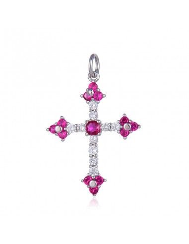 CRUZ PLATA CON PIEDRAS RUBÍ O ZAFIRO